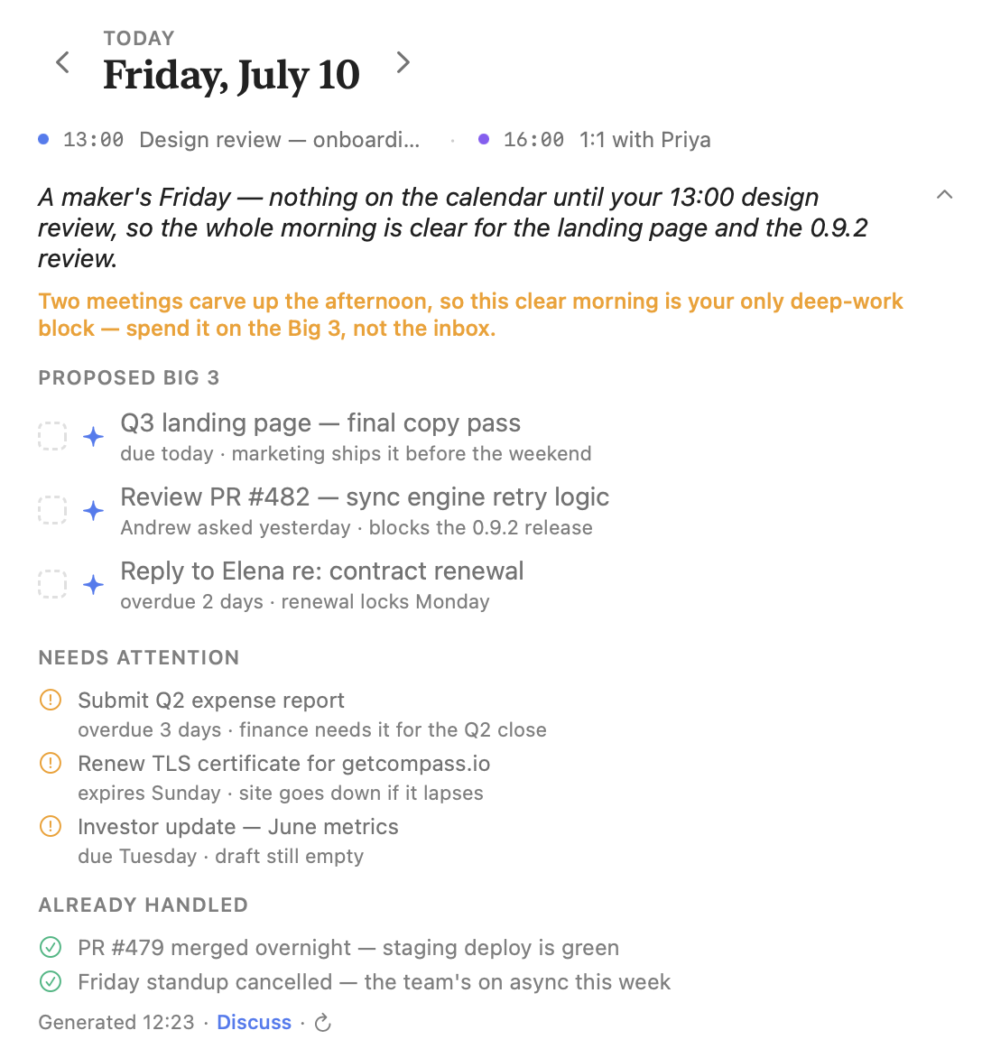 Compass Morning Brief card: one-line verdict, proposed Big 3 with receipts, capacity line, and already-handled items