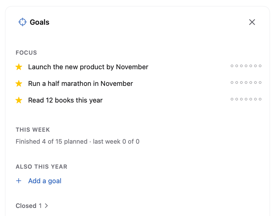 Compass Goals panel: three focus goals, one per pillar, this week's finished count, and the next half-year review