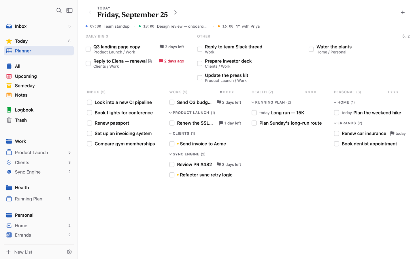 Compass Planner: Daily Big 3 with two tasks chosen and Other beside it, with Inbox, Work, Health and Personal columns below, each pillar with a row of dots