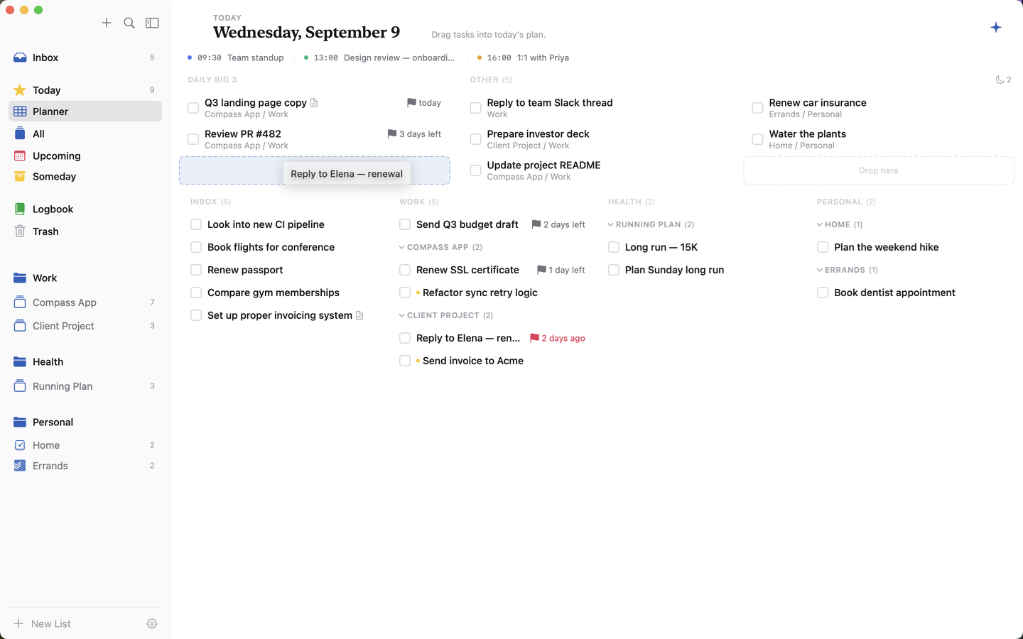 Compass Planner: a task being dragged from the Work column into an empty Daily Big 3 slot, with Inbox, Work, Health, and Personal columns below