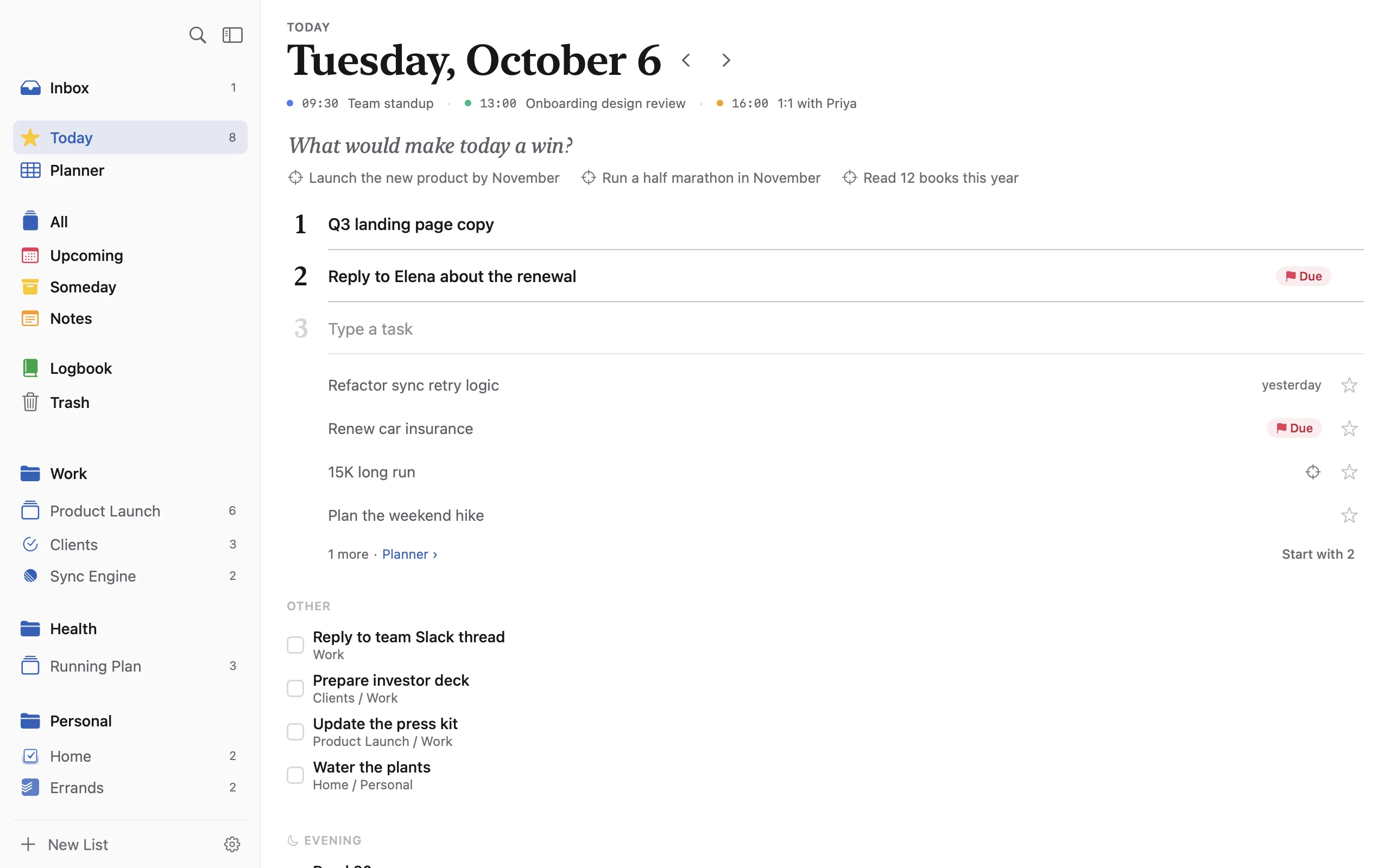 Compass on Today in the morning. The question What would make today a win? sits above three lines. Two lines hold Q3 landing page copy and Reply to Elena about the renewal. Below them is a short list of tasks from Linear, Todoist and Things.