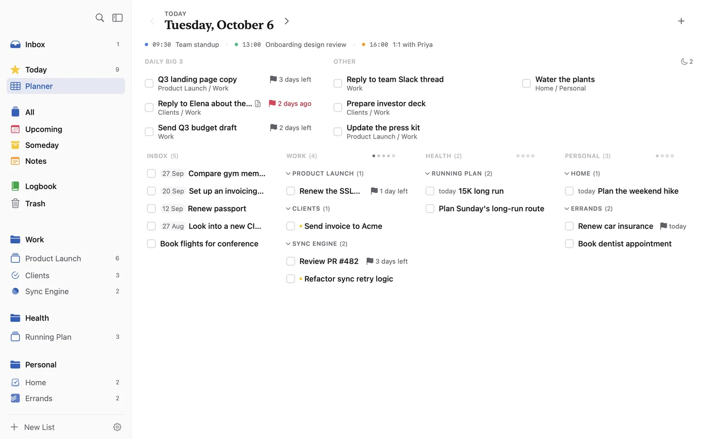 The Planner for today. The Big 3 and Other sit on top. Inbox, Work, Health and Personal columns sit below, each pillar with a row of dots.