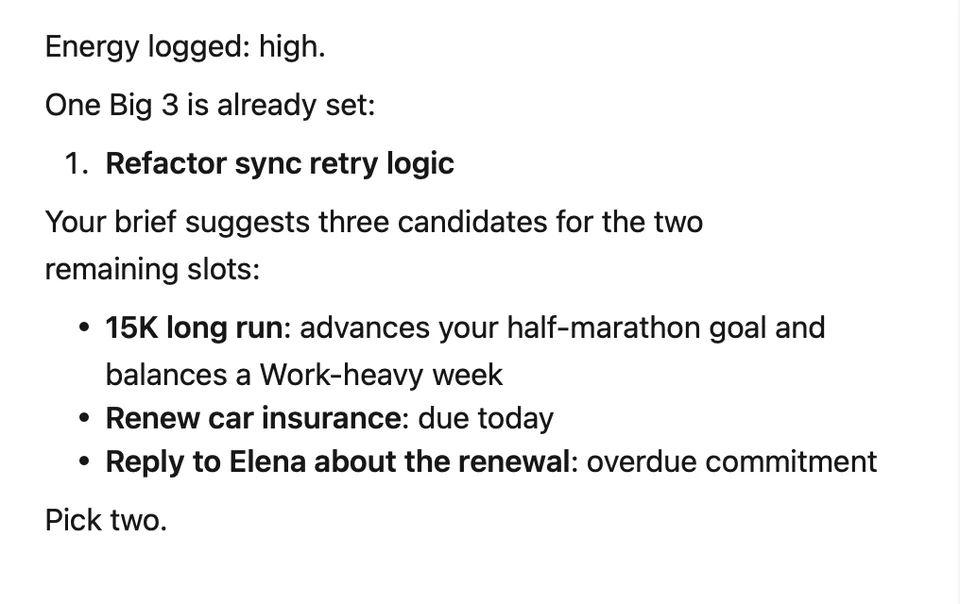 Finn's morning reply: one Big 3 task already set, and three candidates for the other two, each with a short reason.