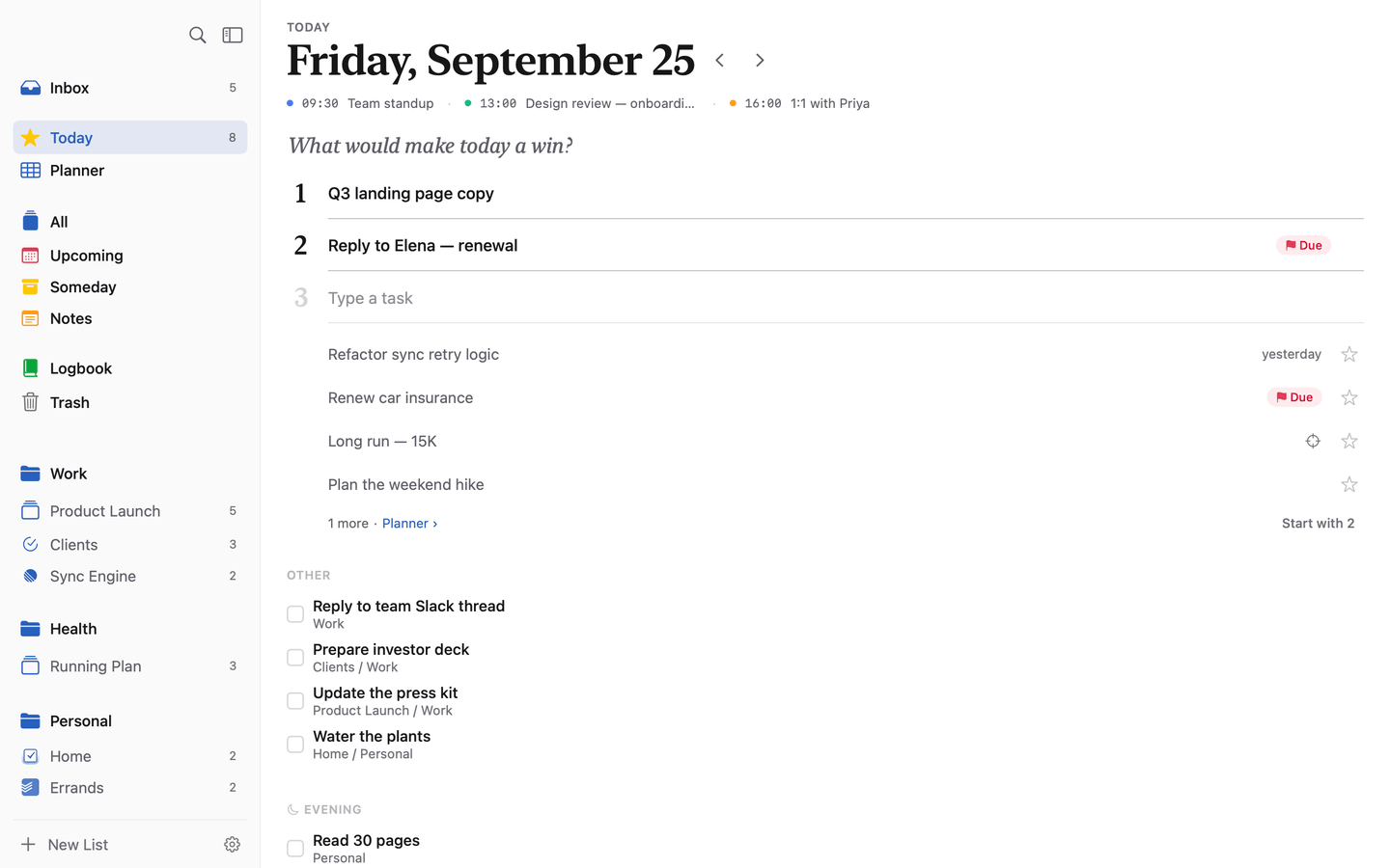 Compass Today in the morning: the date, three calendar events, the question What would make today a win?, two of three Big 3 lines filled, and a short list of suggestions from the user's task apps