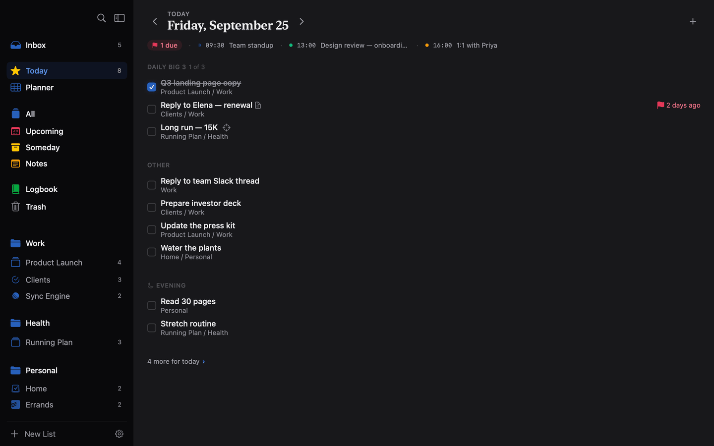 Compass Today in dark mode after the morning: Daily Big 3 with one of three done, a goal mark on one task, then Other and Evening